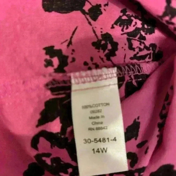 Roamans Womens Plus 14W Bright Fuchsia & Black Floral Cotton‎ Button Down Blouse - Picture 8 of 10